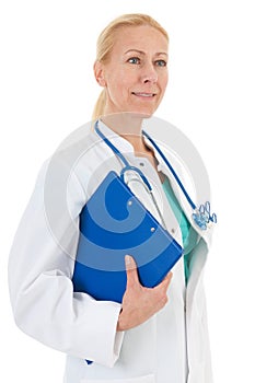 Physician with blue clipboard