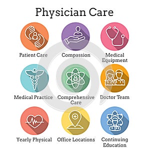 Physician Care Icon Set w medical, patient, and health care, etc