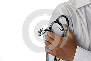 Physician or doctor holding stethoscope. Listening story patient concept. Isolated on white background