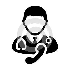 Physician icon vector male person profile avatar symbol with Stethoscope and phone for medical care doctor consultation in Glyph