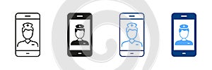 Physician Online Consultation Line and Silhouette Icon Set. Virtual Doctor. Medical Service in Smartphone. Healthcare in