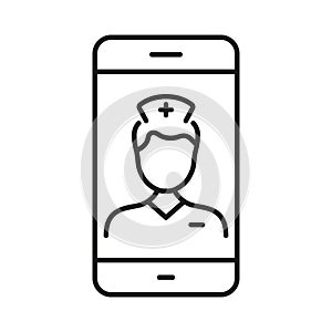 Physician Online Consultation. Remote Virtual Doctor Man Pictogram. Medicals Service in Smartphone Line Icon. Healthcare