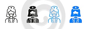 Physician, Orthodontist, Endodontist Pictogram Collection. Dental Doctor Woman in Face Mask Silhouette and Line Icon Set