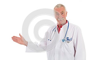 Physician presenting something on white background