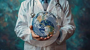 Physician& x27;s gloved hands cradle Earth, advocating for preservation of global wellness