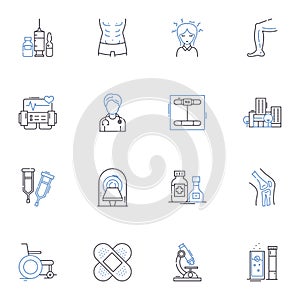 Physician's office line icons collection. Appointment, Waiting room, Stethoscope, Prescription, Exam, Health