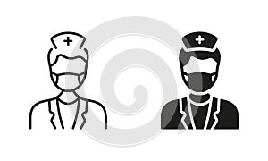 Physician Specialist, Orthodontist, Endodontist Symbol. Dental Doctor in Face Mask Silhouette and Line Icon Set. Dental