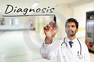 Physician underlining diagnosis word on display