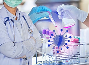 Physician in uniform wearing surgical hygienic face mask and put sterilized surgical rubber gloves with stethoscope standing posin