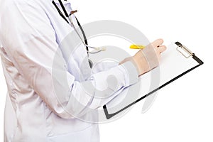 Physician writes in clipboard isolated on white