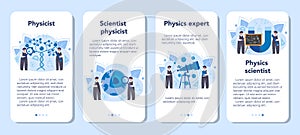 Physicist mobile application banner set. Scientist explore electricity,