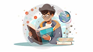 Physicist reading a book, learning with an encyclopedia in hand. Education and knowledge concept. Flat modern
