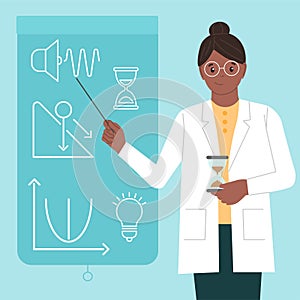 Physicist woman with an apple. International Day of Women and Girls in Science. Vector illustration in a flat style. Isolated.