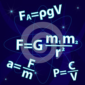 Physics background with formulas on dark blue. School education presentation your web site design, app, UI