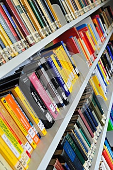 Physics books on shelves