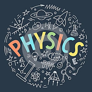 Physics doodles with lettering.