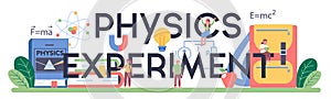 Physics experiment typographic header. Scientist explore electricity