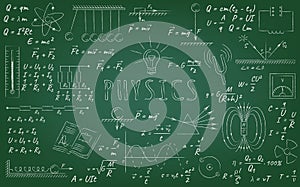 Physics Formulas and Diagrams on Chalkboard