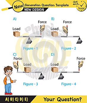 Physics, Lever examples vector illustration, simple machines, next generation question template