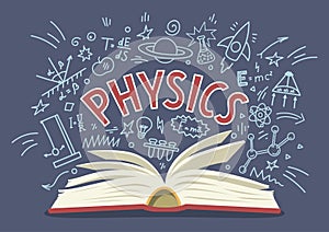 Physics. Open book with doodles with lettering. photo