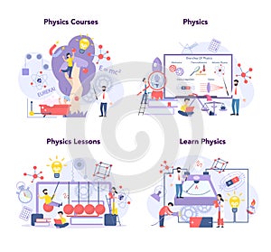 Physics school subject concept set. Scientist explore electricity,