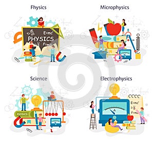 Physics school subject concept set. Scientist explore electricity