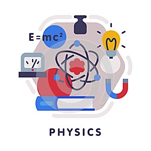 Physics School Subject Icon, Education and Science Discipline with Related Elements Flat Style Vector Illustration