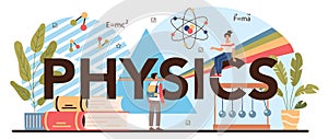 Physics school subject typographic header. Students explore electricity