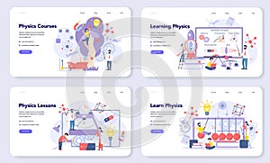 Physics school subject web banner or landing page set. Scientist