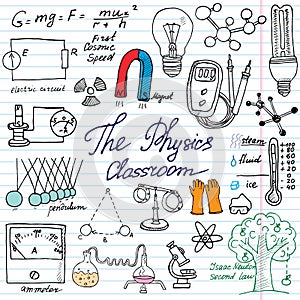 Physics and science elements doodles icons set. Hand drawn sketch with microscope, formulas, experiments equipment, analysis tools