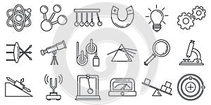 Physics science icons set, outline style