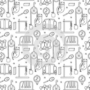 Physics sciences doodle seamless pattern with funny cat.