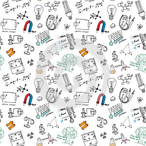 Physics and sciense seamless pattern with sketch elements Hand Drawn Doodles background Vector Illustration