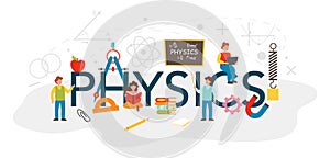 Physics typographic header. Scientist explore electricity, magnetism