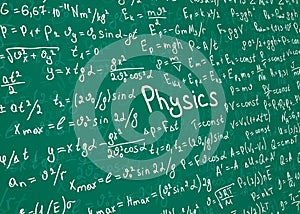 Physics white formulas drawn by hand on a green chalkboard in perspective for the background. Vector illustration.