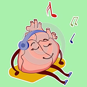 Physiological heart emoticon. A cute cardiological character sits on a rug and listens to music