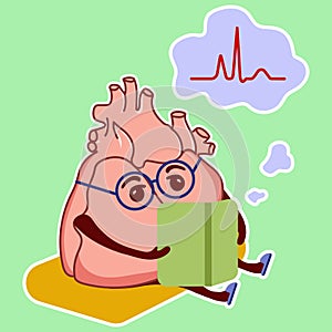 Physiological heart emoticon. A cute cardiological character is sitting on a rug and studying medical literature