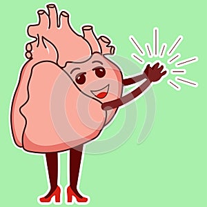 Physiological heart emoticon. Cute cardiology character claps his hands