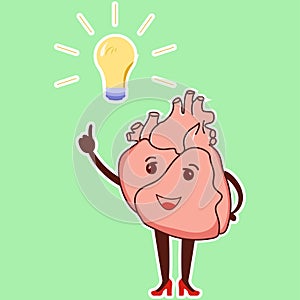 Physiological heart emoticon. A cute cardiology character points to a light bulb with an idea