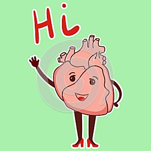 Physiological heart emoticon. Cute cardiology character waves hello.