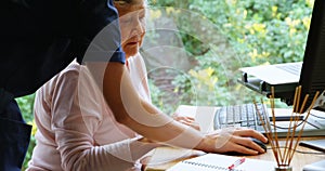 Physiotherapist discussing with senior woman on desktop pc 4k