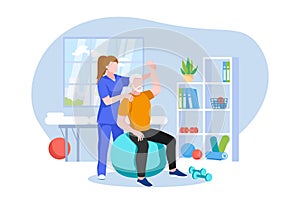 Physiotherapist doctor rehabilitates elderly patient. Vector illustration. Physiotherapy rehab, injury recovery concept photo