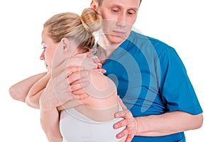 Physiotherapist doing healing treatment on mans back. Therapist wearing blue uniform. Osteopathy. Chiropractic adjustment