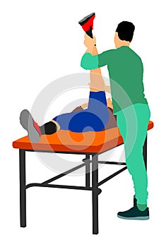 Physiotherapist and patient exercising in rehabilitation center,  illustration. Doctor supports sport man during therapy.