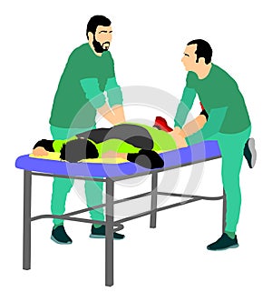 Physiotherapist and patient exercising in rehabilitation center,  illustration. Doctor supports sport man during therapy.