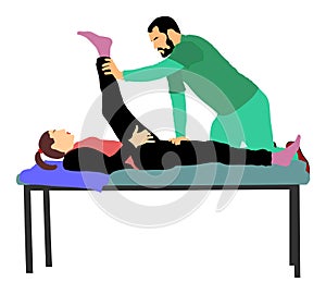 Physiotherapist and patient exercising in rehabilitation center,  illustration. Doctor supports sport woman during therapy