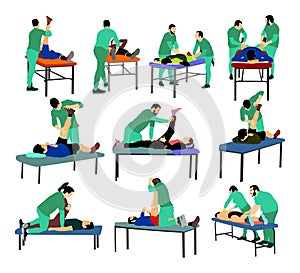 Physiotherapist and patient exercising in rehabilitation center, vector illustration. Doctor supports sportsman.
