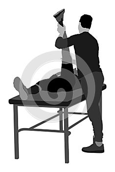 Physiotherapist and patient exercising in rehabilitation center, vector illustration. Doctor supports sportsman.