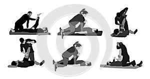 Physiotherapist and patient exercising in rehabilitation center, vector illustration. Doctor supports sportsman.