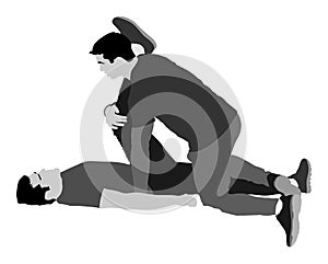Physiotherapist and patient exercising in rehabilitation center, vector silhouette illustration.